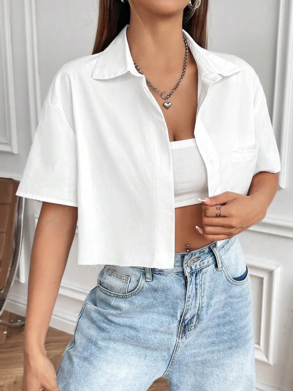 STYLEWE Cropped White Button-Down Shirt - Women Tops L